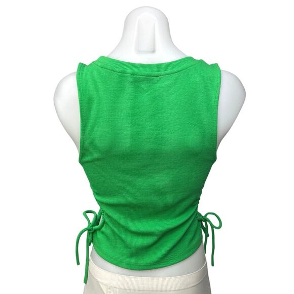 Zara Green Ribbed Sleeveless Cutout Ruched Ties Stretch Knit Crop Tank Top Sz L - Picture 2 of 4